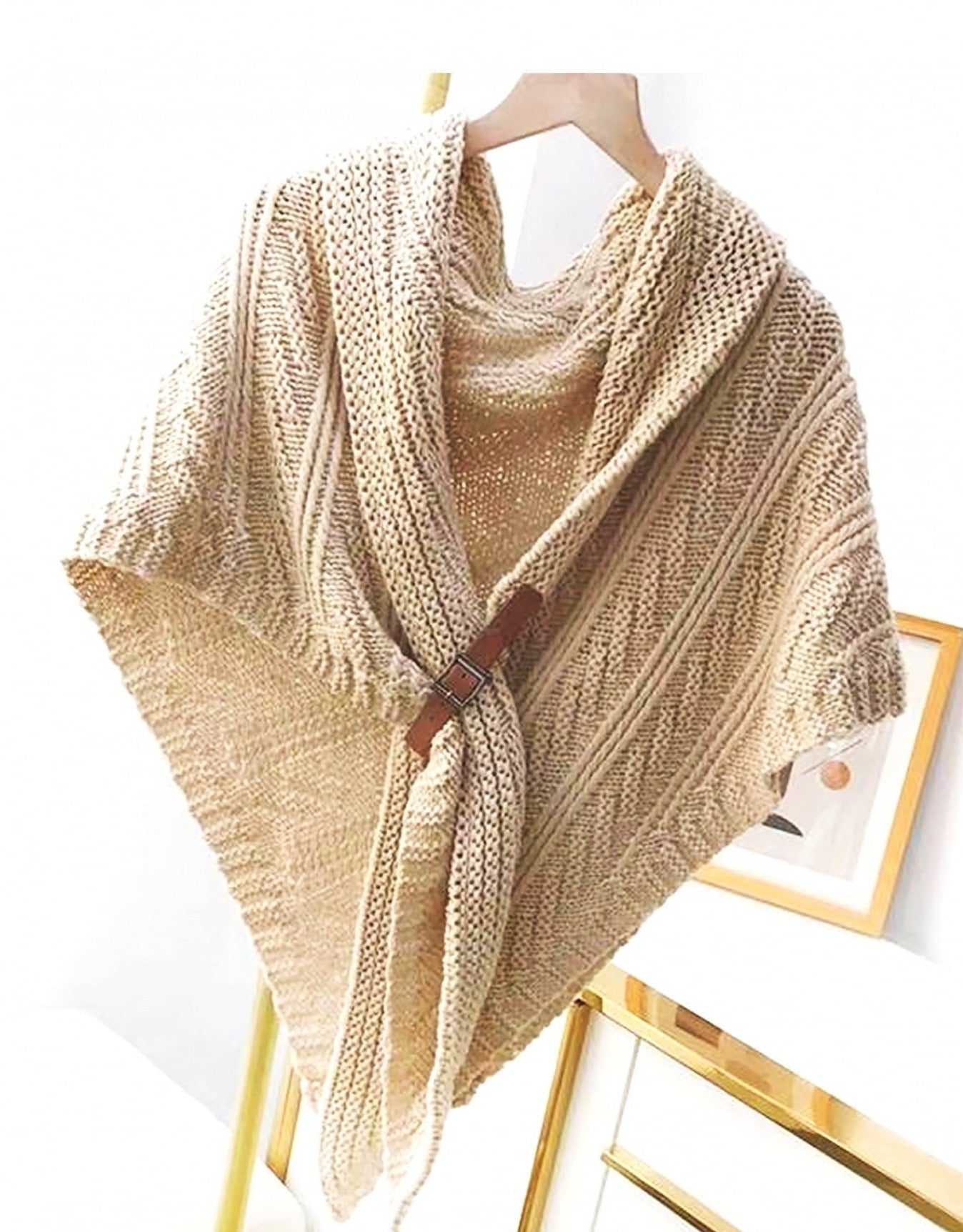 Knitted Cape with Buckle - Beige - Cedar-Creek-Muskoka