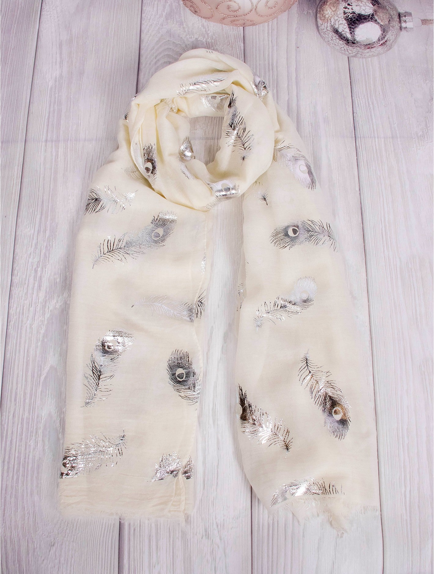 Scarf - White Foil Feather - Cedar-Creek-Muskoka